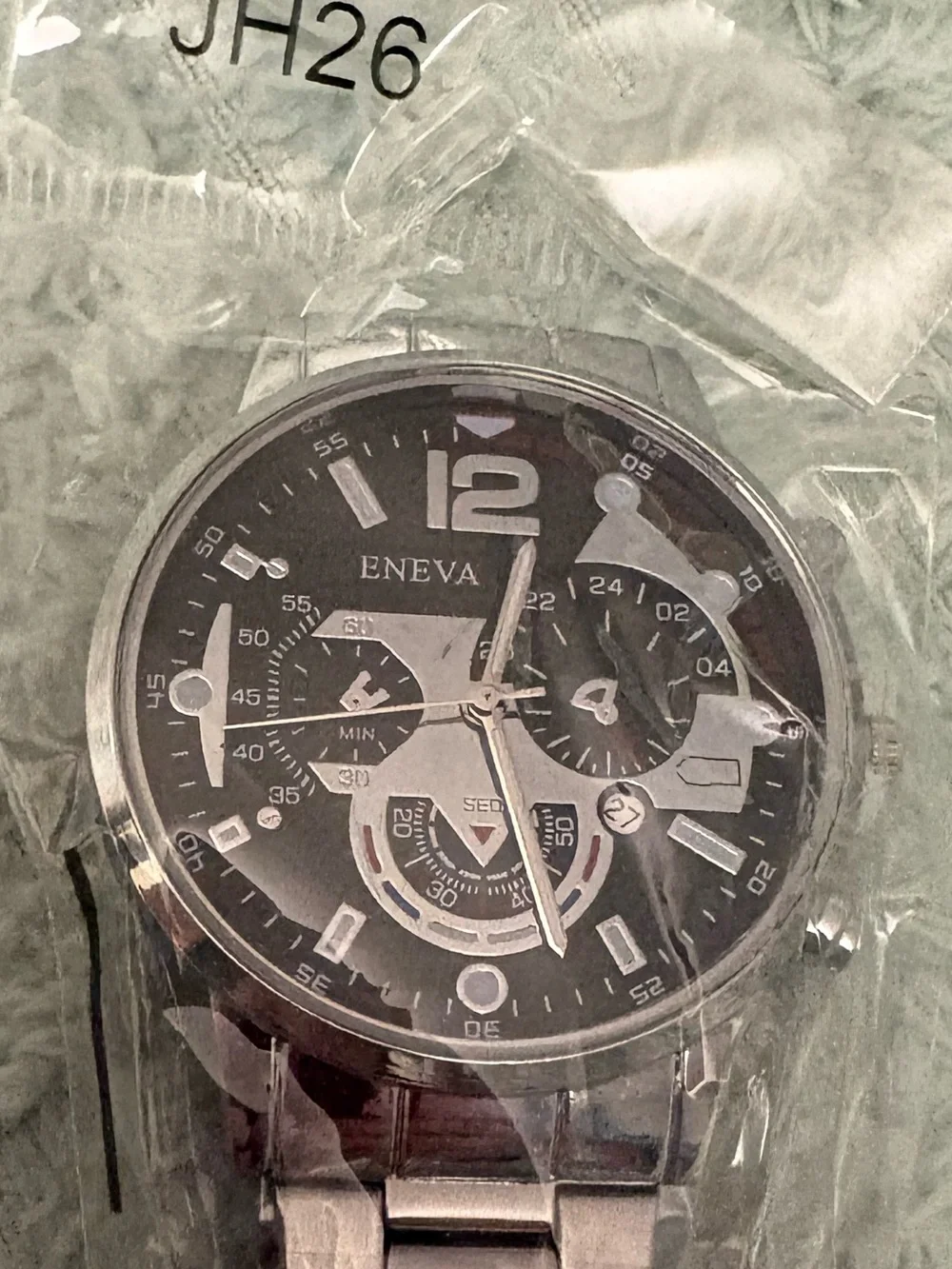 NEW- classic masculine Men's Silver Stainless Steel Watch - Black triple Dial